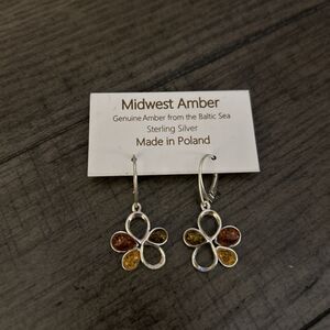 Sterling Silver Genuine Amber Flower Earrings From The Baltic Sea